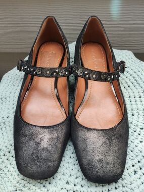 Coach Metallic Black Mary Jane Heels with Floral Strap
